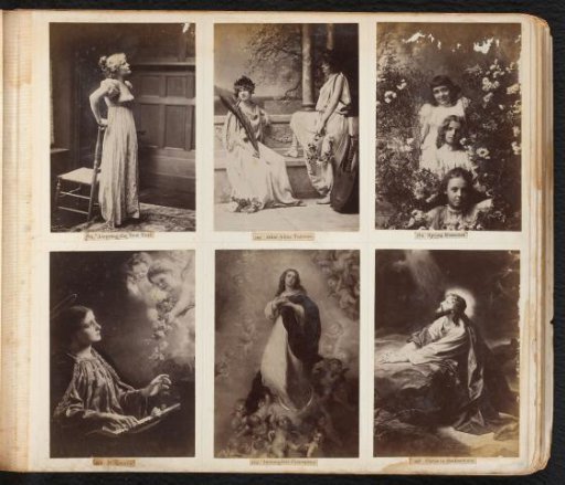 Six photographic reproductions of paintings with Saint Cecilia, the Immaculate Conception of Mary, and Christ, and three photographs with young women and children