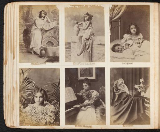 Six photographs of young women and children in various settings