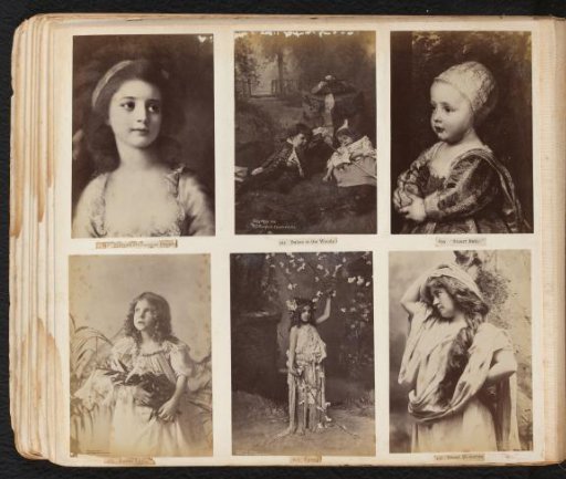 Two photographic reproductions of paintings with a portrait of Countess Delfina Potocka by Angelica Kauffman and a portrait of James Stuart as a baby by Anthony van Dyck, and four photographs of children and a young woman