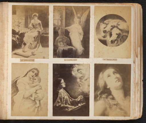 Six photographic reproductions of paintings, including 'Pharaoh's Horses' by John Frederick Herrin, 'Madonna with Child' by Cuno von Bodenhausen, 'Saint Cecilia' by Gustav Naujok and 'Madonna' by Bartolomé Murillo