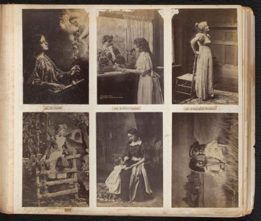 One photographic reproduction of a painting of Saint Cecilia and five photographs of a man and woman by a window, young women, and children