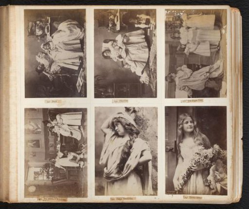 Six photographs of young women and children in various settings