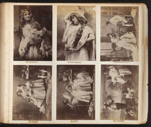 Six photographs of young women, a man, and children in various settings