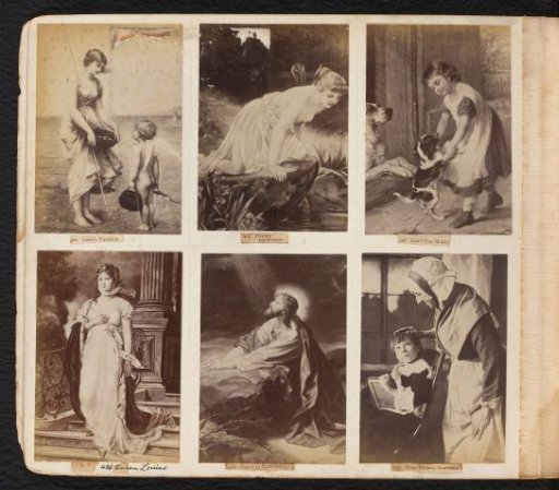 Five photographic reproductions of paintings with young women, a child with a dog and Christ in Gethsemane and one photo of a boy with a chalkboard sitting next to an older woman