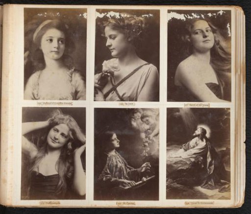 Three photographic reproductions of paintings of Countess Delfina Potocka by Angelica Kauffman, Saint Cecilia by Gustav Naujok, and Christ in Gethsemane, and three photographs with portraits of a young woman