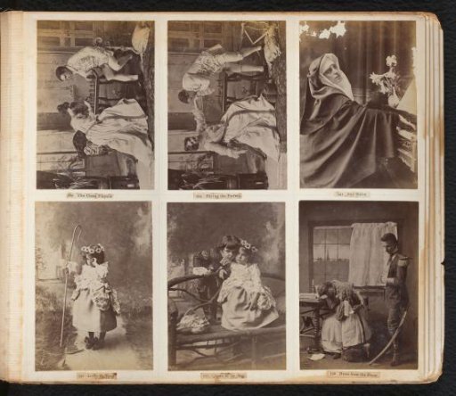 Six photographs of young women, men, and children in costume in various settings