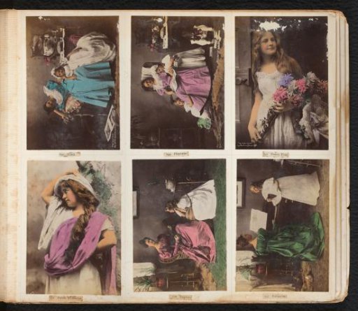 Six photographs of a young woman and a young girl in various settings