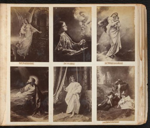 Four photographic reproductions of paintings, one photo of a boy in nightclothes and one photo with two sleeping children by a tree stump