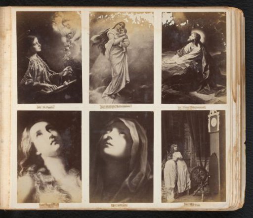 Five photographic reproductions of paintings with Saint Cecilia, Mary and Christ, and one photograph of a girl at a spinning wheel