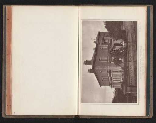 View of the house 'Grosvenor Lodge', designed by J. R. Gummow for Isaac Shone, with three men and a woman with a child in front of the façade, Wrexham