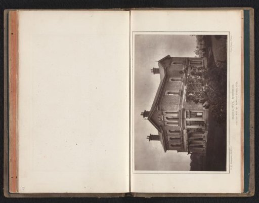 View of the house designed by J. R. Gummow for Edward Jones, with two men in front of the façade, in Bron Llwyn, Wrexham