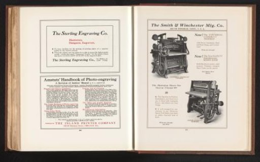 Advertisement for the 'Universal undercut trimmer' and the 'Safety instantaneous knife stop' by The Smith & Winchester Mfg. Co., South Windham