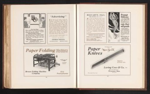 Advertisements, including for 'The Paper Folding Machinery', illustrated with the machine, by the Brown Folding Machine Company, Erie