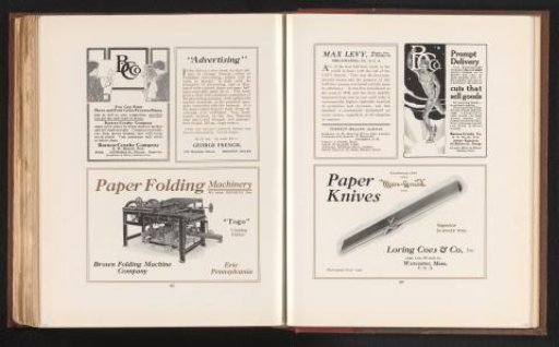 Advertisements, including for the Barnes-Crosby Company illustrated with a logo featuring the Greek god Hermes, and for Loring Coes & Co. illustrated with their paper knife
