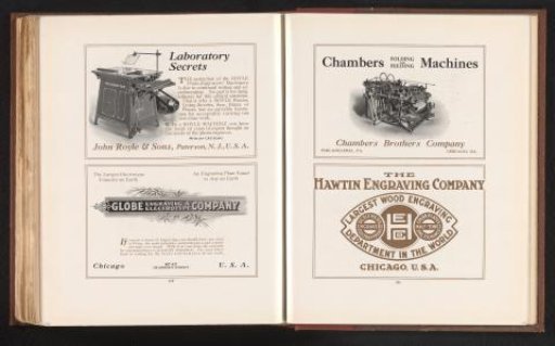 Advertisements, including for the Chambers Brothers Company illustrated with one of their 'Folding and Feeding Machines'