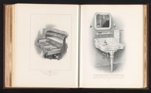 Reproduction of a watercolour drawing of a bathroom with washbasin