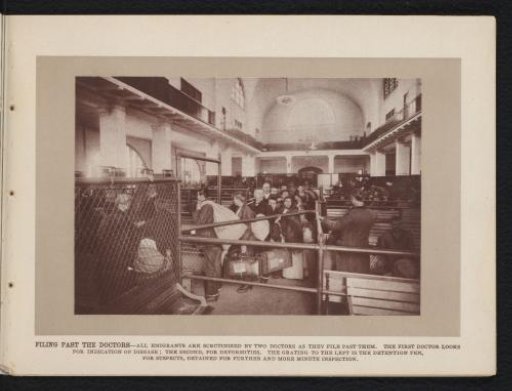 Migrants in a line for medical inspection for admission to the United States of America
