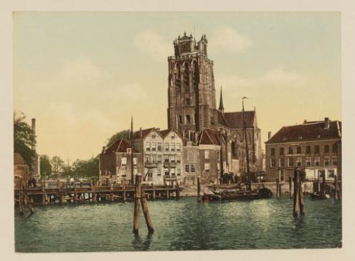 View of the harbor and the Great Church in Dordrecht
