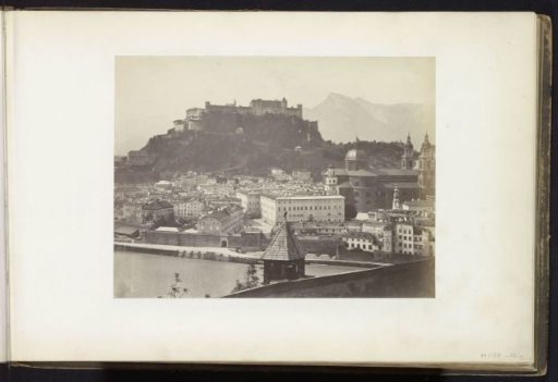 View of Salzbrück with the Fortress Hohensalzburg on a mountain and the cathedral on the right