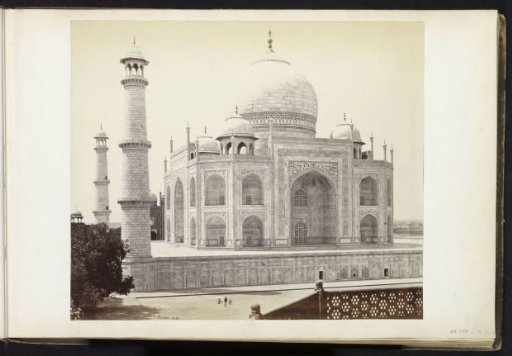 View of the Taj Mahal with two minarets at the left, Agra, Uttar Pradesh, India