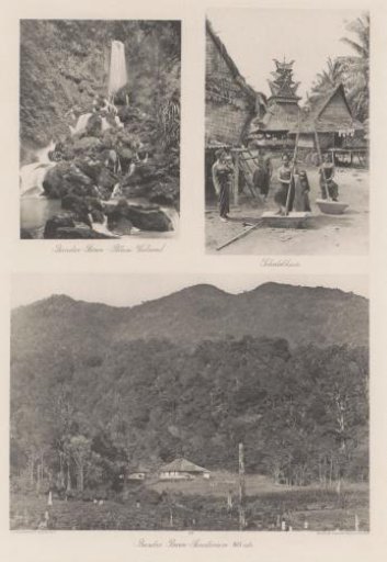 Waterfall (top left), Batak village with skull house (top right) and sanatorium (bottom) in Bandar-Baroe on Sumatra