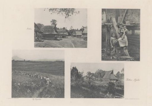 View of the village of Dokan (top left), bearers of an expedition (bottom left), a mother with children and the village of Kaban Djahé (top right and bottom right) on Sumatra