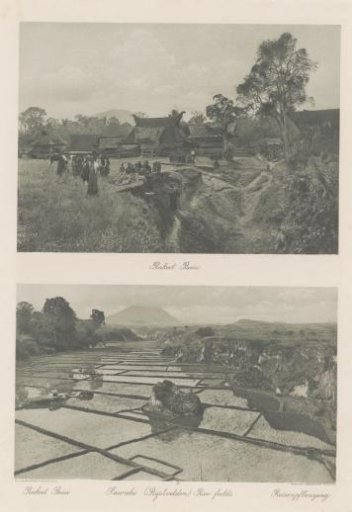 View of the Batak village of Rakoet Bessi (top) and landscape with rice fields and a volcano (bottom) on Sumatra