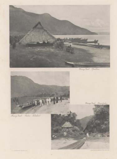 Playhouse (top), company by boat on the shore of a water (middle) and a passersby house (bottom) in Harang Gaul on Sumatra
