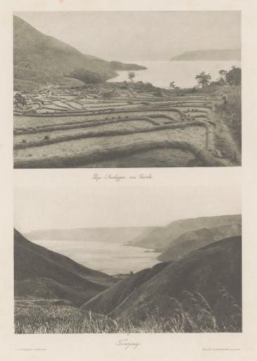 Landscape with rice fields under construction (top) and view of Tongging (bottom) on Sumatra