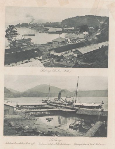 View of the harbor of Sabang (top) and loading of tobacco in the same harbor (bottom) on Sumatra