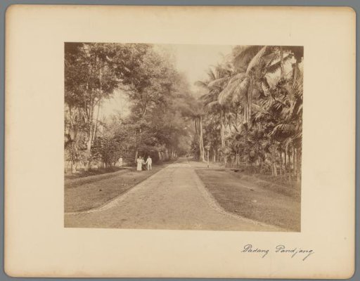 Street scene in Payakumbuh with an unknown couple with a baby and an Indonesian child nurse (then called 'baboe') and servant along the roadside