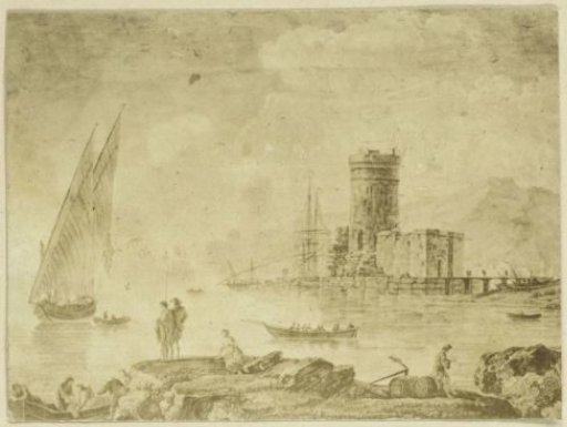 Drawing 'La mer calme' with a Ship on Calm Water