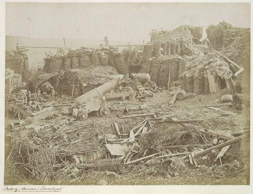 Russian battery in the Redan fort after the Battle of Sebastopol during the Crimean War