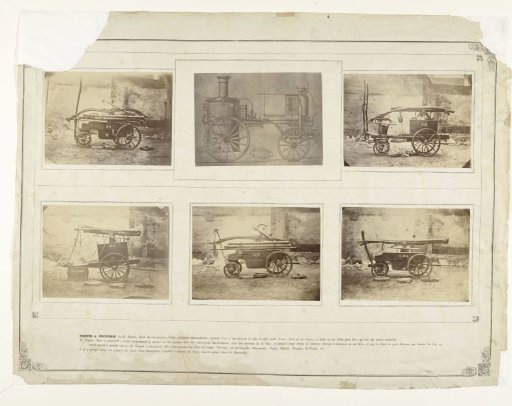 Page from Album dedié à mes enfants et mes amis (1868) with pasted photographs of fire engines from the firms Regout and Beduwe