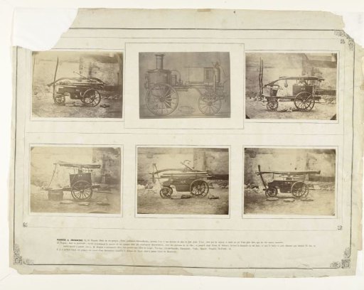 Page from Album dedié à mes enfants et mes amis (1868) with pasted photographs of fire engines from the firms Regout and Beduwe