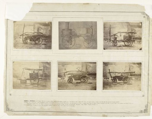 Page from Album dedié à mes enfants et mes amis (1868) with pasted photographs of fire engines from the firms Regout and Beduwe