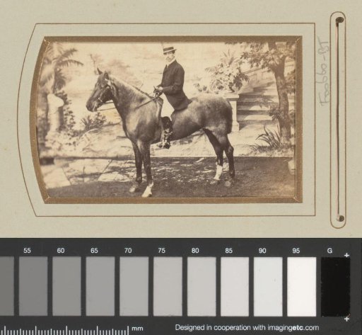 Portrait of a man on horseback with a tall hat, before a background depicting a landscape