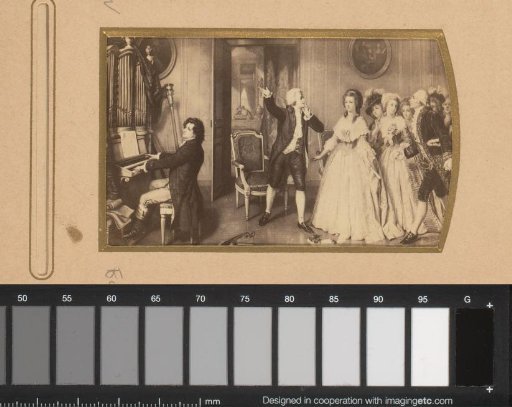 Photographic reproduction of a painting of a group with a pianist
