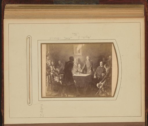 Photographic reproduction of a painting of men in discussion after the Battle of Sedan after Georg Bleibtreu