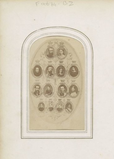 Photocollage of 14 miniature portraits of members of the Norwegian, Swedish and Danish royal house