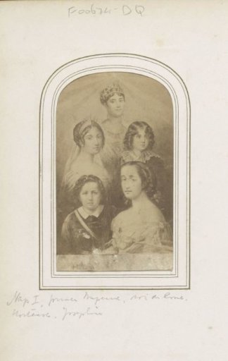 Photographic reproduction of (possibly) a print of members of the Bonaparte family, including Empress Marie Louise and Napoleon II as a child