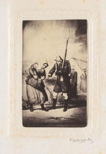 Photographic reproduction of a print with a woman pouring a drink for a soldier