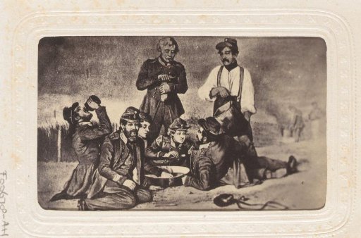 Photographic reproduction of a print with marching soldiers