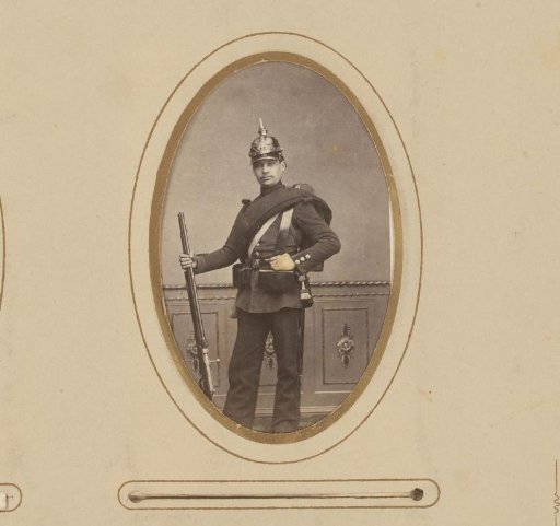 Portrait of a man in military uniform with helmet and rifle