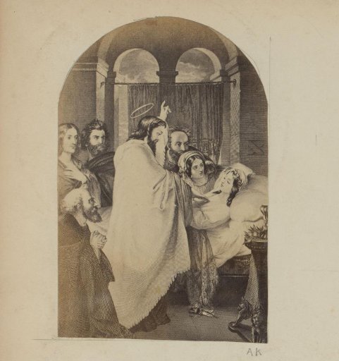 Photographic reproduction of (presumably) a print depicting Christ at the bedside of a woman