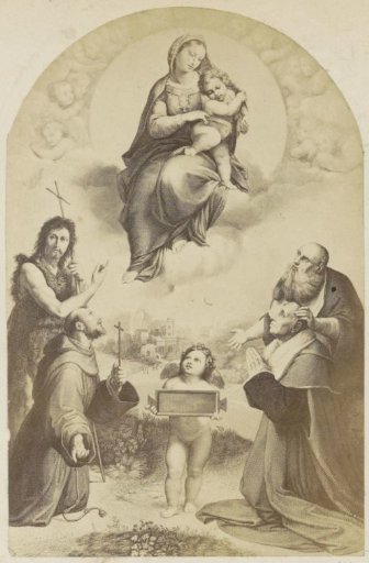 Photographic reproduction of (presumably) a print depicting Mary with child, John the Baptist, and Saint Francis