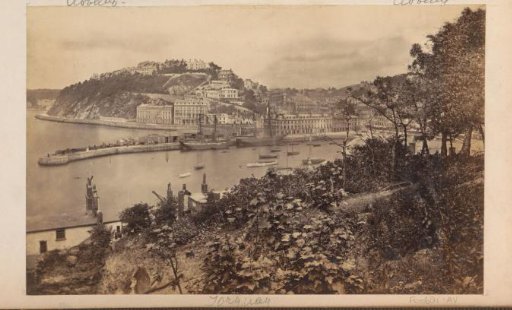View of the harbour of Torquay with Walden (Waldon) Hill in the background