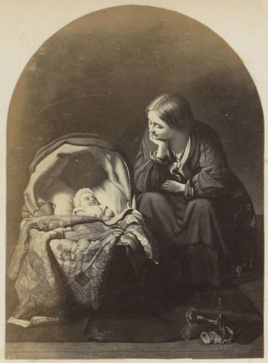 Photographic reproduction of (presumably) a painting of a mother by a cradle