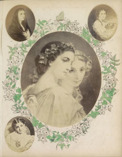 Photographic reproduction of (presumably) a print depicting two young women with hair ornaments