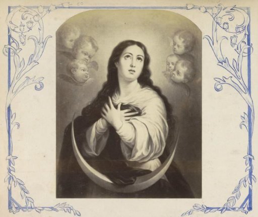 Photographic reproduction of (presumably) a print of Mary on the moon surrounded by angels